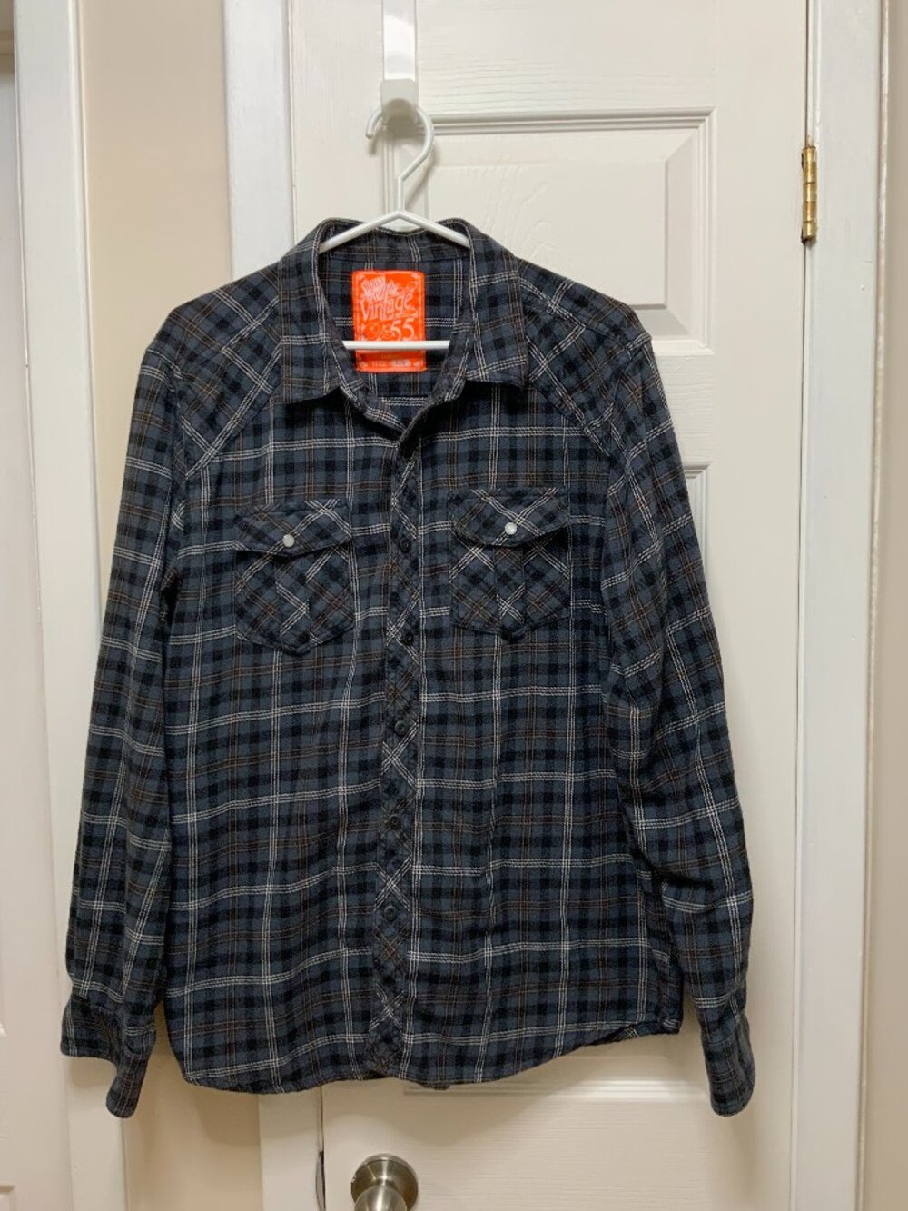 MEN'S LEVI'S VINTAGE 55 BLUE/GREY PLAID FLANNEL BUTTON UP SHIRT - SIZE L